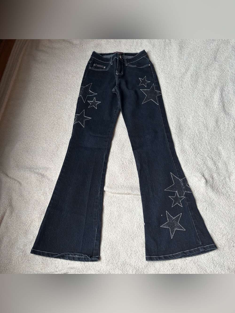 Vintage Y2K Bubblegum USA Black Flare Jeans Glitter Star Contrast Stitch 1/2